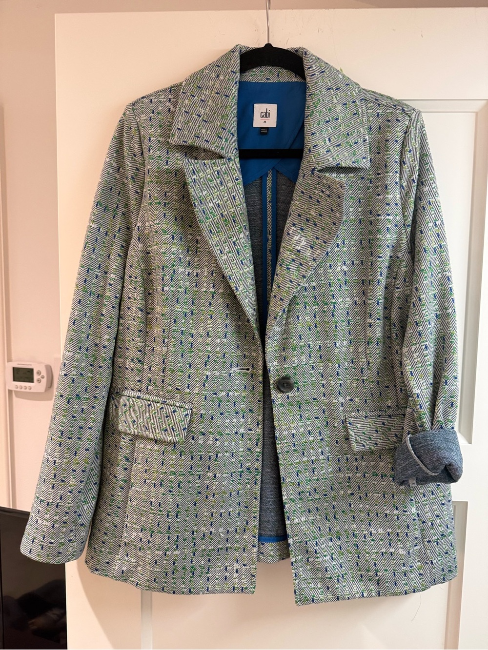 CAbi Green Multi Tweed Blazer with Blue Accents